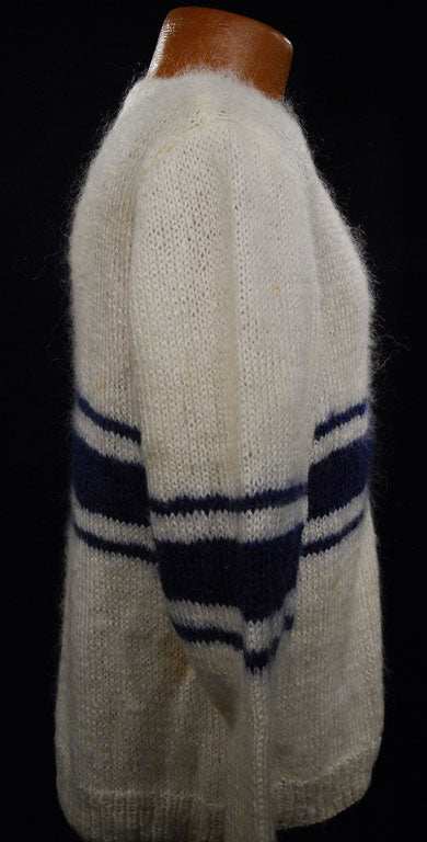 Men's white faux-mohair V-neck sweater with blue chest stripes, small size, hand-knit style