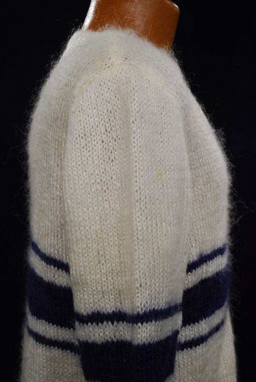 Men's white faux-mohair V-neck sweater with blue chest stripes, hand-knit, small size