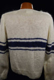 Men's white faux-mohair V-neck sweater with blue chest stripes, hand-knit, small size