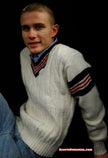Men's retro cable-knit V-neck tennis sweater with sporty stripes by Interwoven