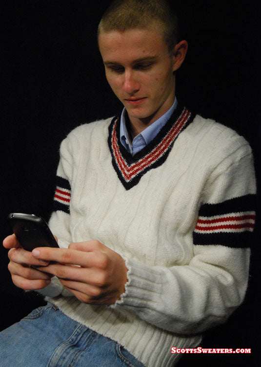 Men's retro cable-knit V-neck pullover tennis sweater with sporty stripes by Interwoven
