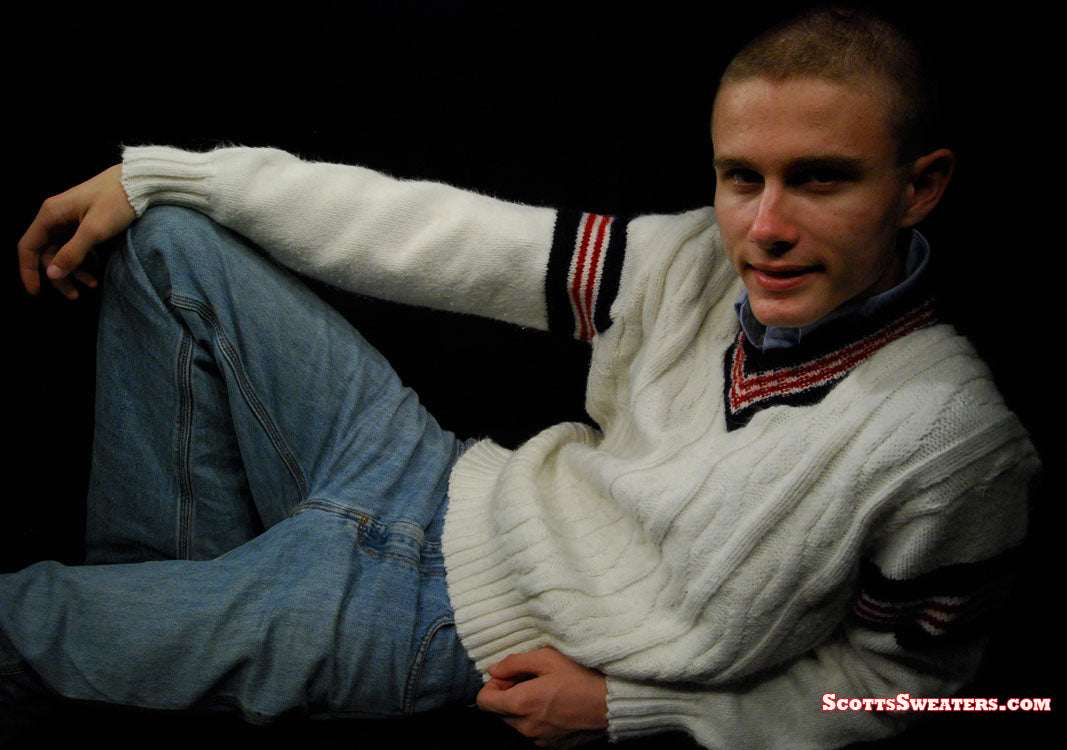 Men's retro cable-knit V-neck tennis sweater with sporty stripes by Interwoven