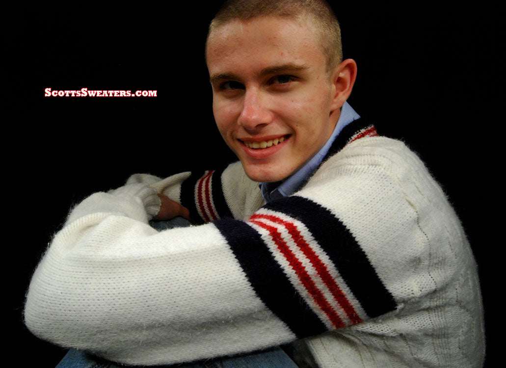 Men's retro cable-knit V-neck tennis sweater with sporty stripes by Interwoven