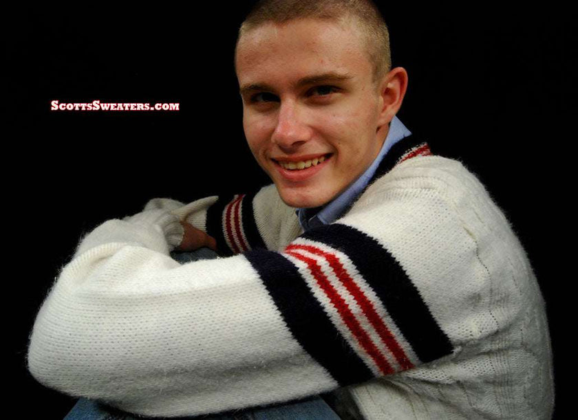 Men's retro cable-knit V-neck tennis sweater with sporty stripes by Interwoven
