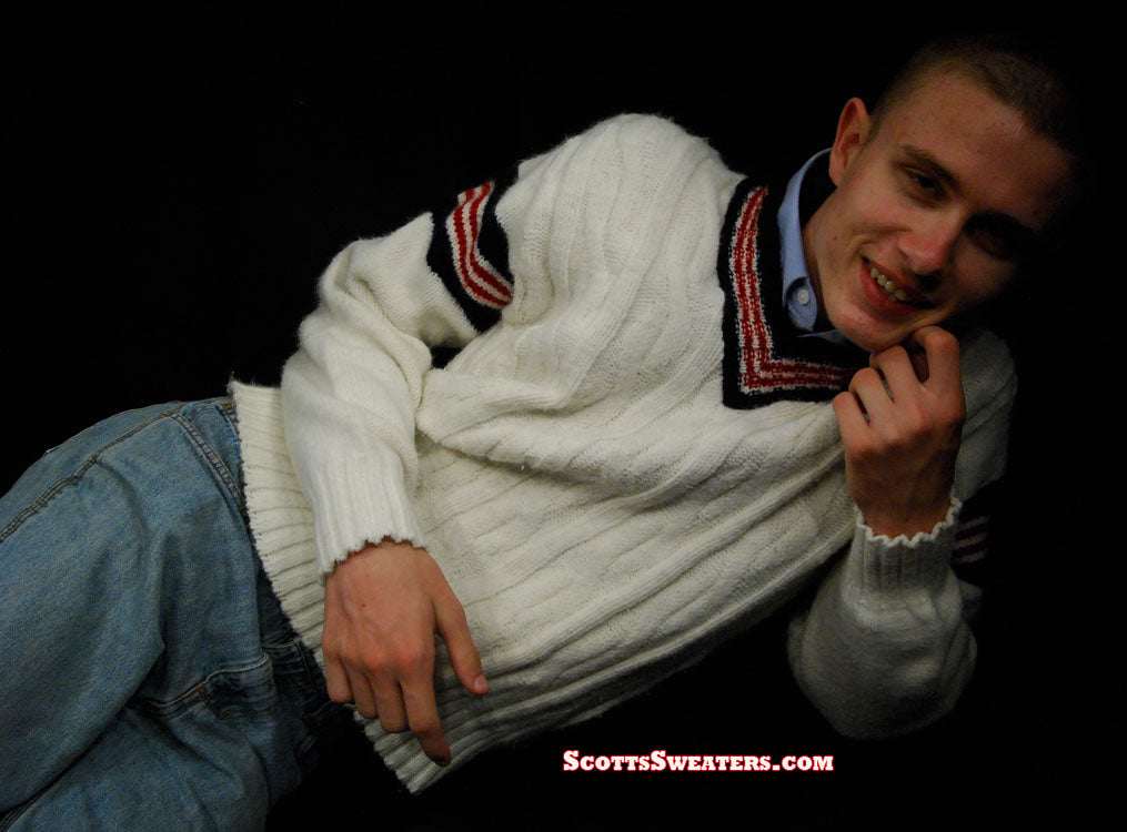 Men's retro cable-knit V-neck tennis sweater with sporty stripes by Interwoven