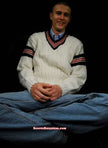 Men's retro cable-knit V-neck tennis sweater with sporty striped design by Interwoven
