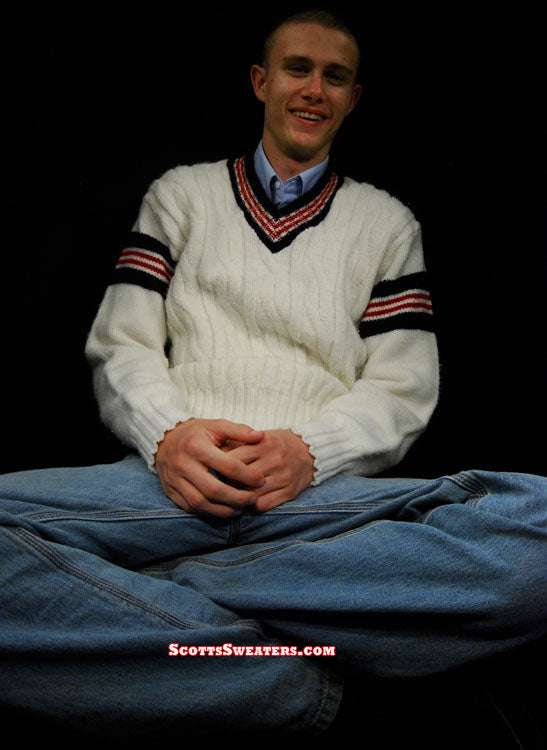 Men's retro cable-knit V-neck tennis sweater with sporty striped design by Interwoven