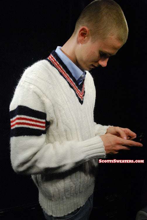 Men's retro cable-knit V-neck tennis sweater with sporty striped design by Interwoven