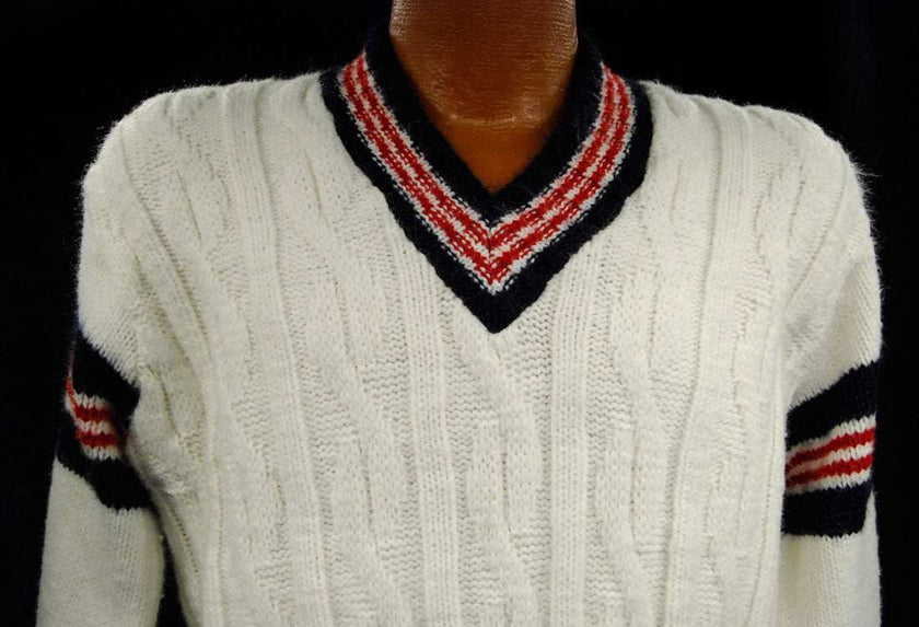 Men's retro cable-knit V-neck tennis sweater with sporty stripes by Interwoven