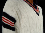 Men's retro cable-knit V-neck tennis sweater with sporty stripes by Interwoven