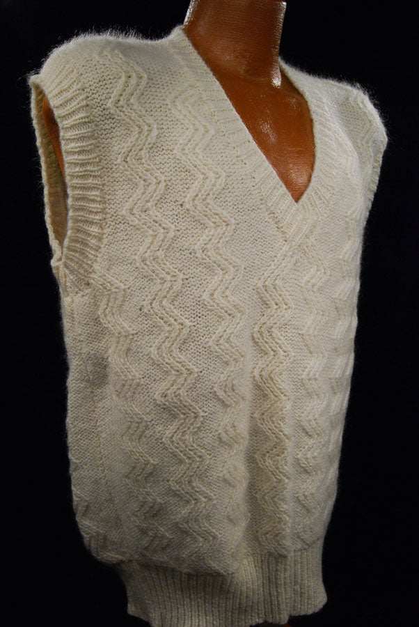 New men's New Zealand Mohair V-neck sweater vest in natural white and navy colors