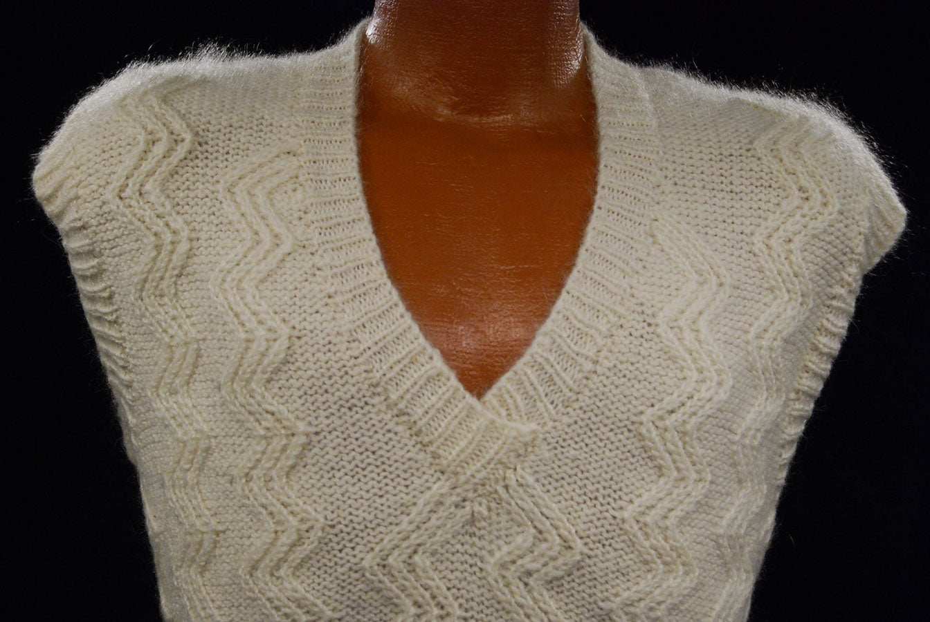 New Zealand Mohair men's V-neck sweater vest in natural white and navy by Tirorroa