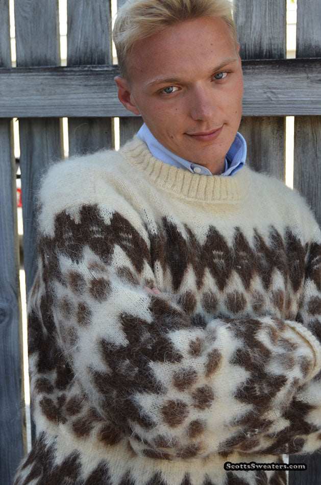 Men's retro Icelandic wool thick white crewneck sweater with brown design by Lord Jeff