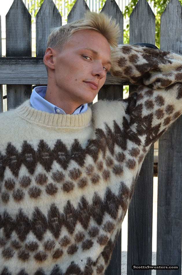 Men's retro Icelandic wool crewneck sweater in natural white with brown design by Lord Jeff