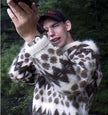 Men's Retro Icelandic Wool crewneck sweater with brown design on natural white thick wool by Lord Jeff