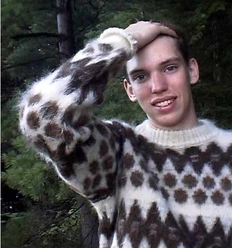 Men's retro Icelandic wool crewneck sweater in natural white with brown design by Lord Jeff
