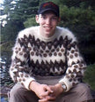 Men's retro Icelandic wool crewneck sweater in natural white with brown design by Lord Jeff