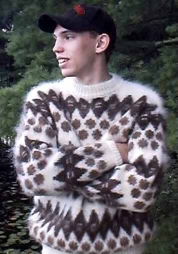 Men's retro Icelandic wool crewneck sweater in natural white with brown design by Lord Jeff
