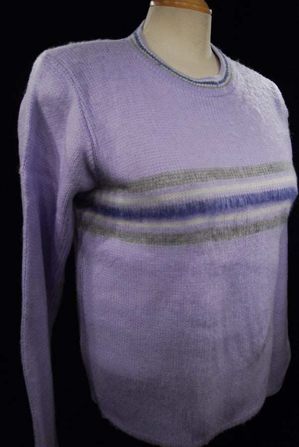 Girl's purple brushed acrylic crewneck pullover sweater medium with striped detail