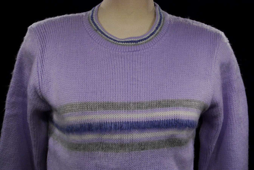 Girl's purple brushed acrylic crewneck pullover medium with striped pattern
