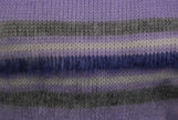 Close-up of girl's purple brushed acrylic crewneck pullover fabric with gray and navy stripes