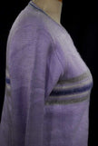 Girl's purple brushed acrylic crewneck pullover medium with gray and blue stripes