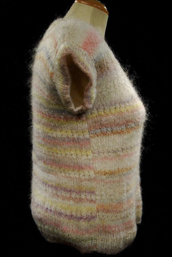 Hand-knit mostly white sleeveless round-neck sweater vest with pastel horizontal stripes for women or girls in spring and summer, size X-Small