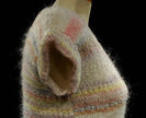 Hand-knit white sleeveless sweater vest with pastel horizontal stripes, round neck, X-small size.