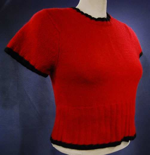 Teen girl's red angora short-sleeved cropped sweater with black trim by The Limited