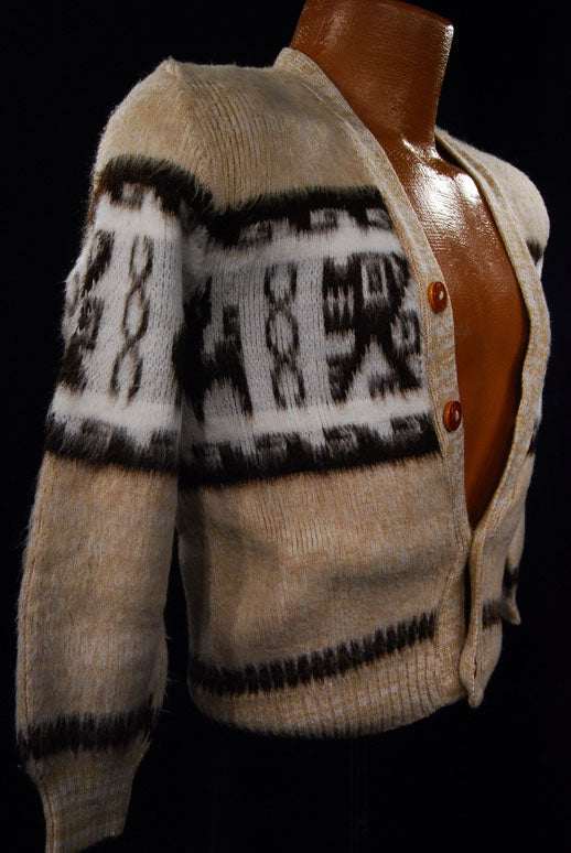 Small boy's soft tan alpaca cardigan sweater front view