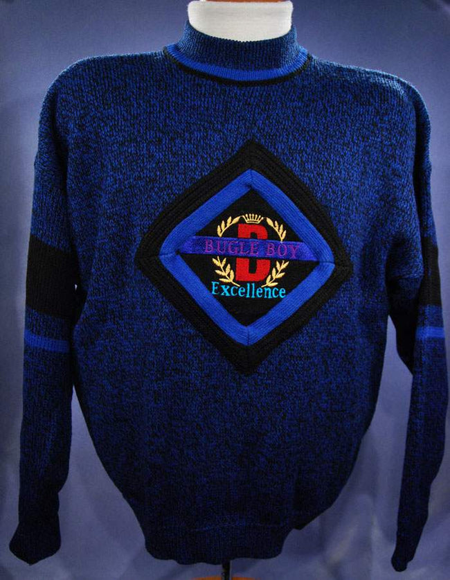Men's Retro Bugle Boy royal blue acrylic crewneck sweaters matching set, Men's XL and Boy's Small