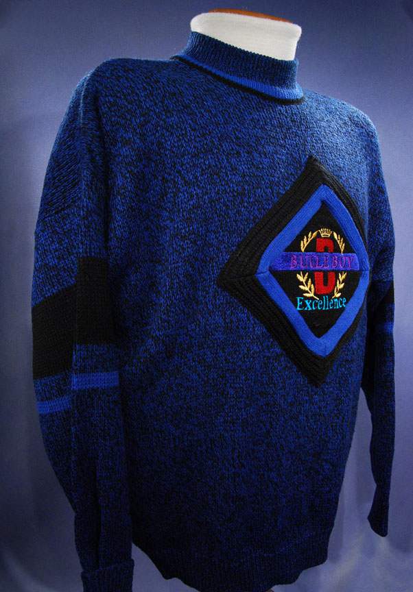 Men's Retro Bugle Boy matching royal blue crewneck sweaters for men and boys