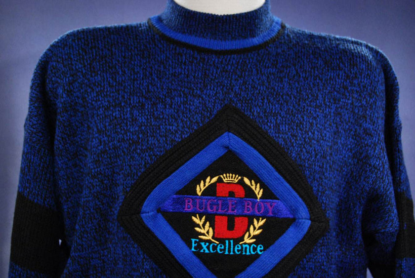 Men's Retro Bugle Boy royal blue acrylic crewneck sweaters matching set for men and boys