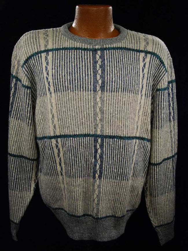 Men's grey cotton crew neck pullover sweater with white-green-blue design by Jantzen medium size
