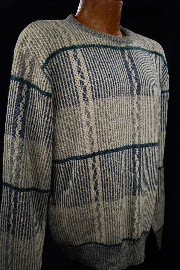 Men's grey cotton crewneck pullover sweater with white-green-blue design by Jantzen, medium size