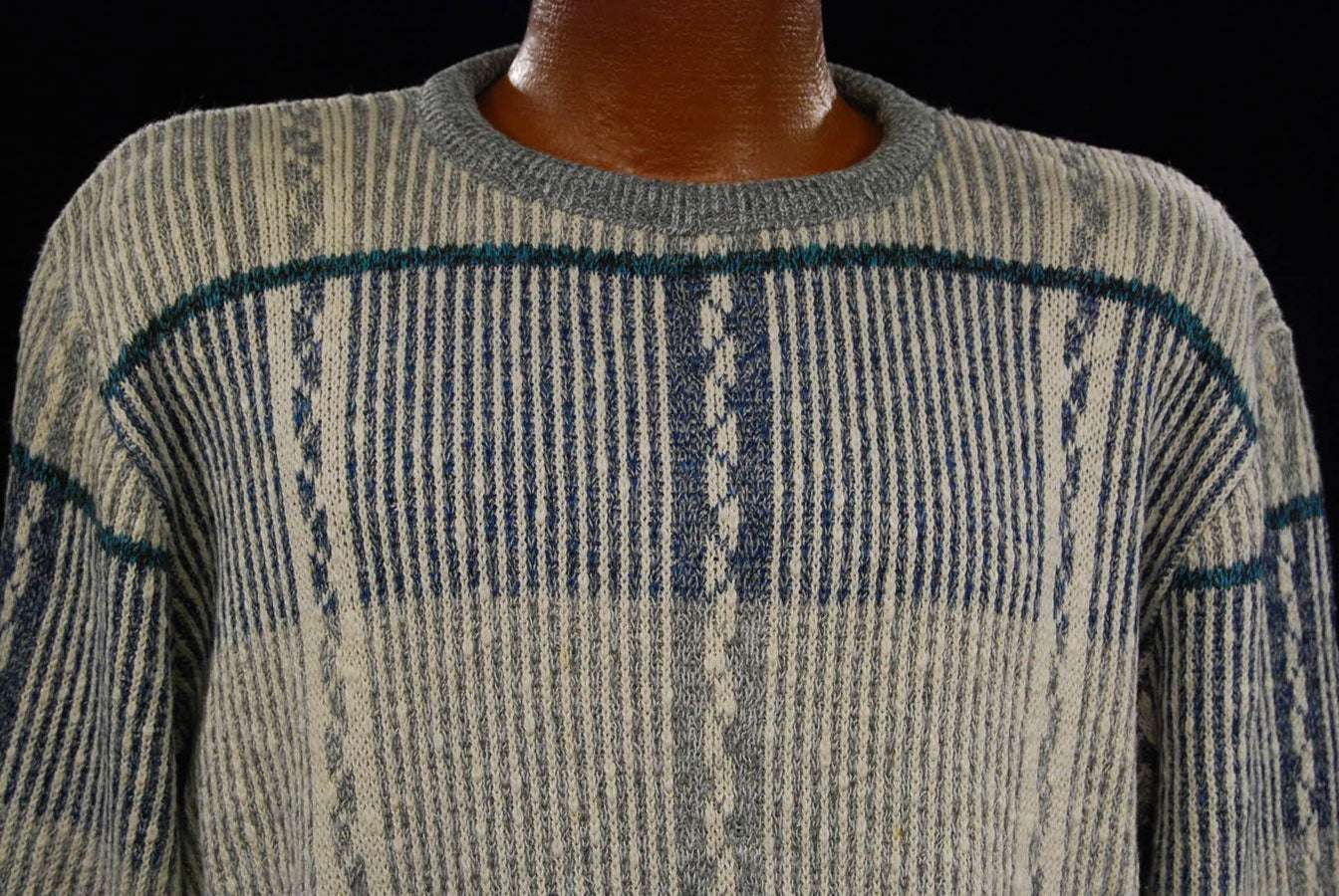 Men's grey cotton crewneck pullover sweater with white-green-blue design by Jantzen medium size