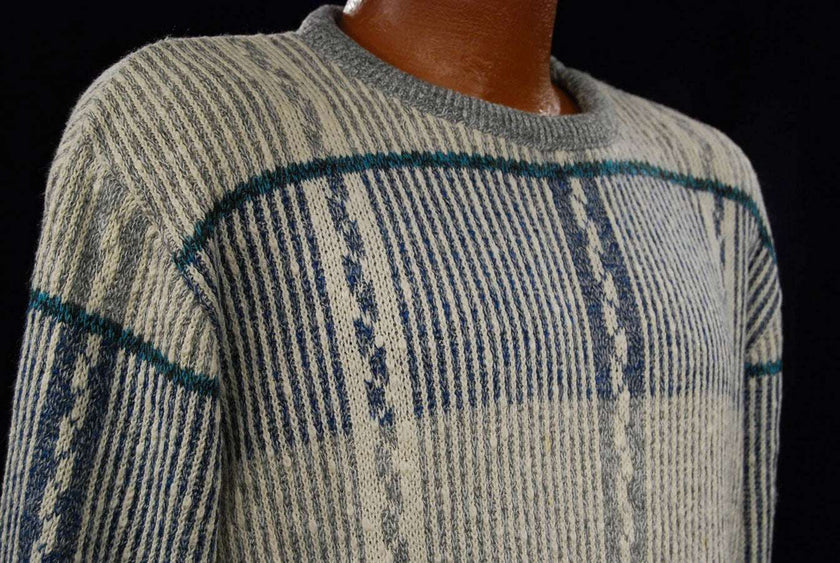 Men's grey cotton crewneck pullover sweater with white-green-blue design by Jantzen, medium size