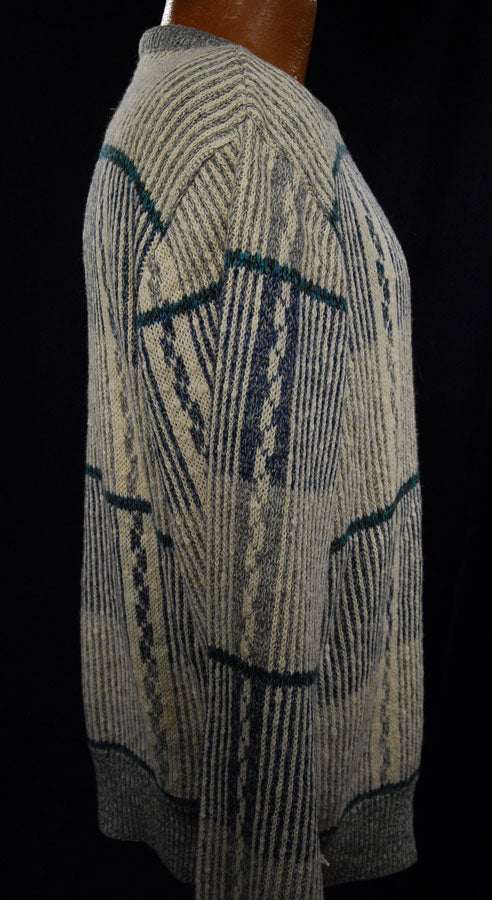 Men's retro grey cotton crewneck pullover sweater with white green blue design by Jantzen medium size