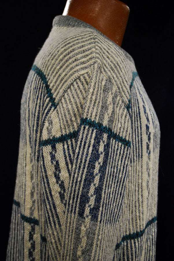 Men's retro grey cotton crew neck sweater with white-green-blue design by Jantzen medium size