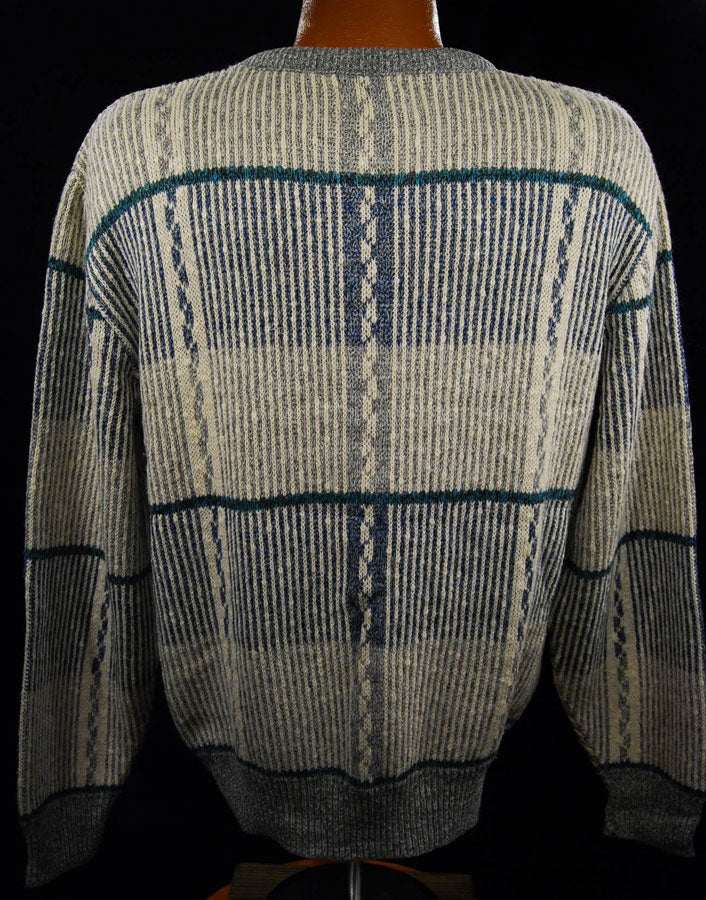 Grey men's cotton crewneck pullover sweater with white-green-blue design by Jantzen, medium size