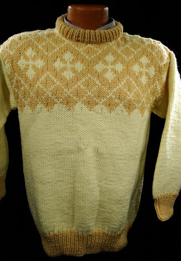 Child's yellow hand-knit wool-acrylic sweater with coffee-colored neck and chest design