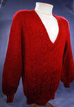 Unisex small red faux-mohair acrylic deep V-neck sweater pullover