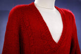 Unisex small deep red faux mohair acrylic V-neck sweater pullover