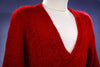 Unisex small deep red faux mohair acrylic V-neck sweater pullover