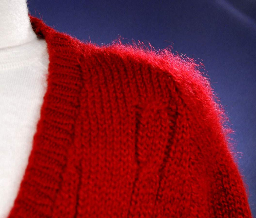 Unisex small deep red faux mohair acrylic V-neck sweater pullover