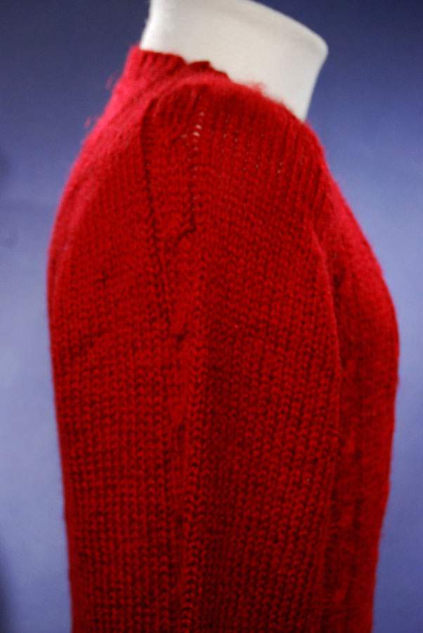 Unisex small deep red faux-mohair acrylic V-neck sweater pullover