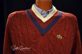 Men's classic retro burgundy Izod tennis sweater with blue and ivory striped V-neck and embroidered crocodile logo