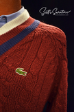Men's Classic Retro burgundy Izod cable knit tennis sweater with blue and ivory striped neckband and Lacoste crocodile logo