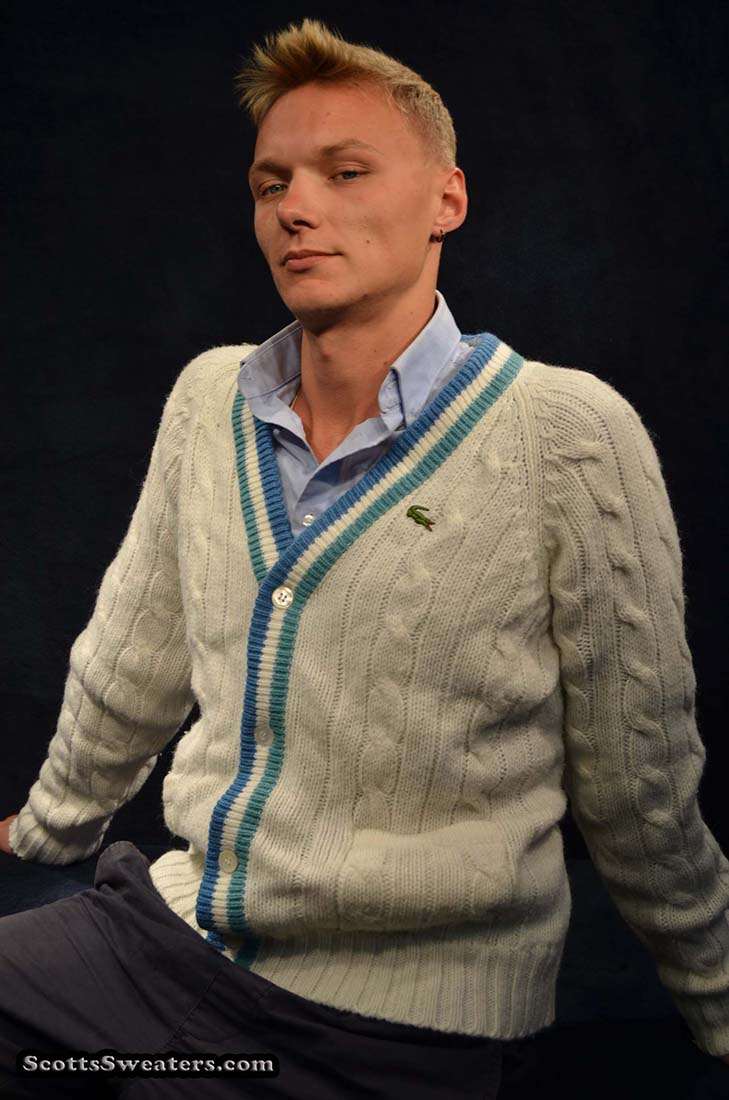 Men's Classic Retro Izod Lacoste cardigan tennis sweater with striped trim and crocodile logo