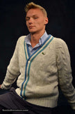 Men's Classic Retro Izod Lacoste cardigan tennis sweater with striped trim and crocodile logo